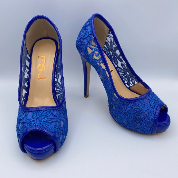 FSJ Shoes - FSJ Blue Lace Satin Peep Toe Bridal Heels Platform